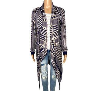 Papillon Aztec Print Shawl Collar Fringe Cardigan Open Front Long Sleeve Size M